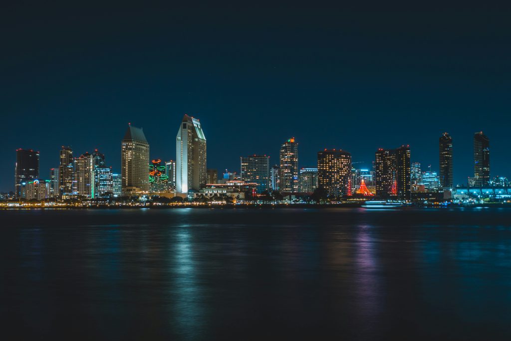 San Diego downtown skyline at night across the bay